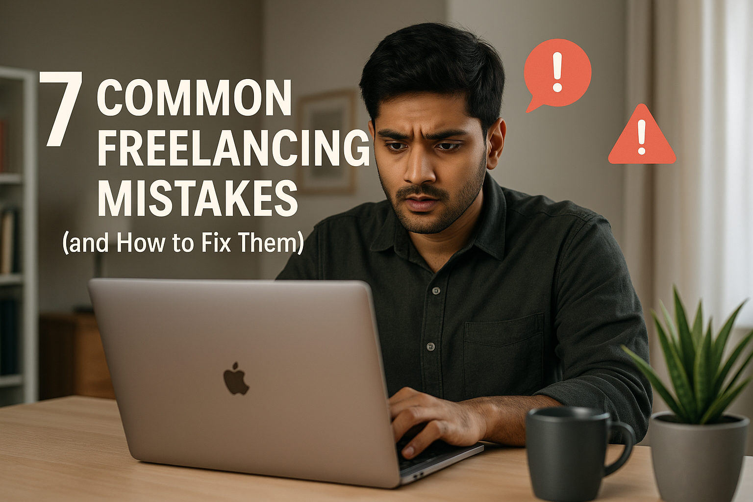 freelancer working remotely on a laptop, highlighting common freelancing mistakes and tips to secure high-paying projects through platforms like EMFOB