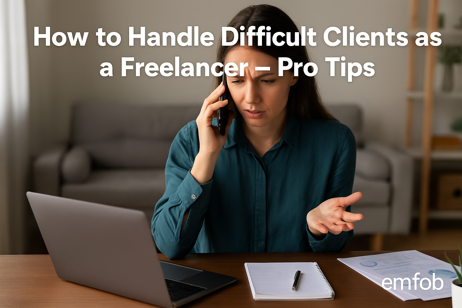 Freelancer woman on phone dealing with difficult client from home office setup, showcasing tips for remote workers, Indian freelancers, and virtual assistants