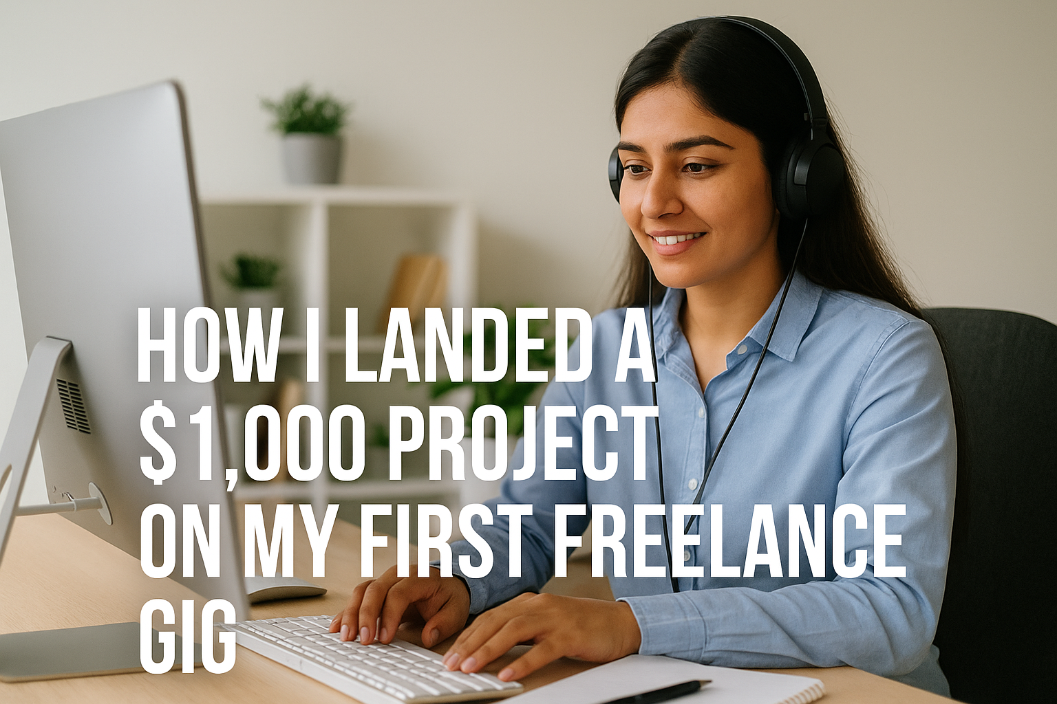 Focused Indian virtual assistant delivering remote work services from home after landing her first $1,000 freelance project online