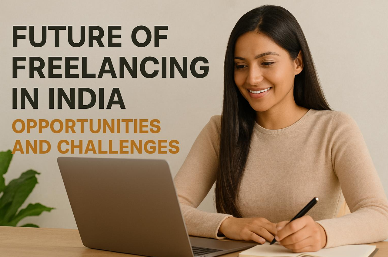 A young Indian woman freelancing on a laptop, highlighting the future of freelancing in India and opportunities for Indian freelancers.